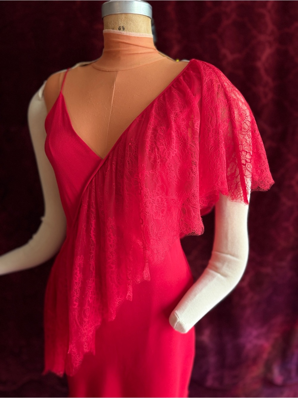 Diane Von Furstenberg Red One-Shoulder Lace-Trim Silk Mini Dress - Picture 2 of 11